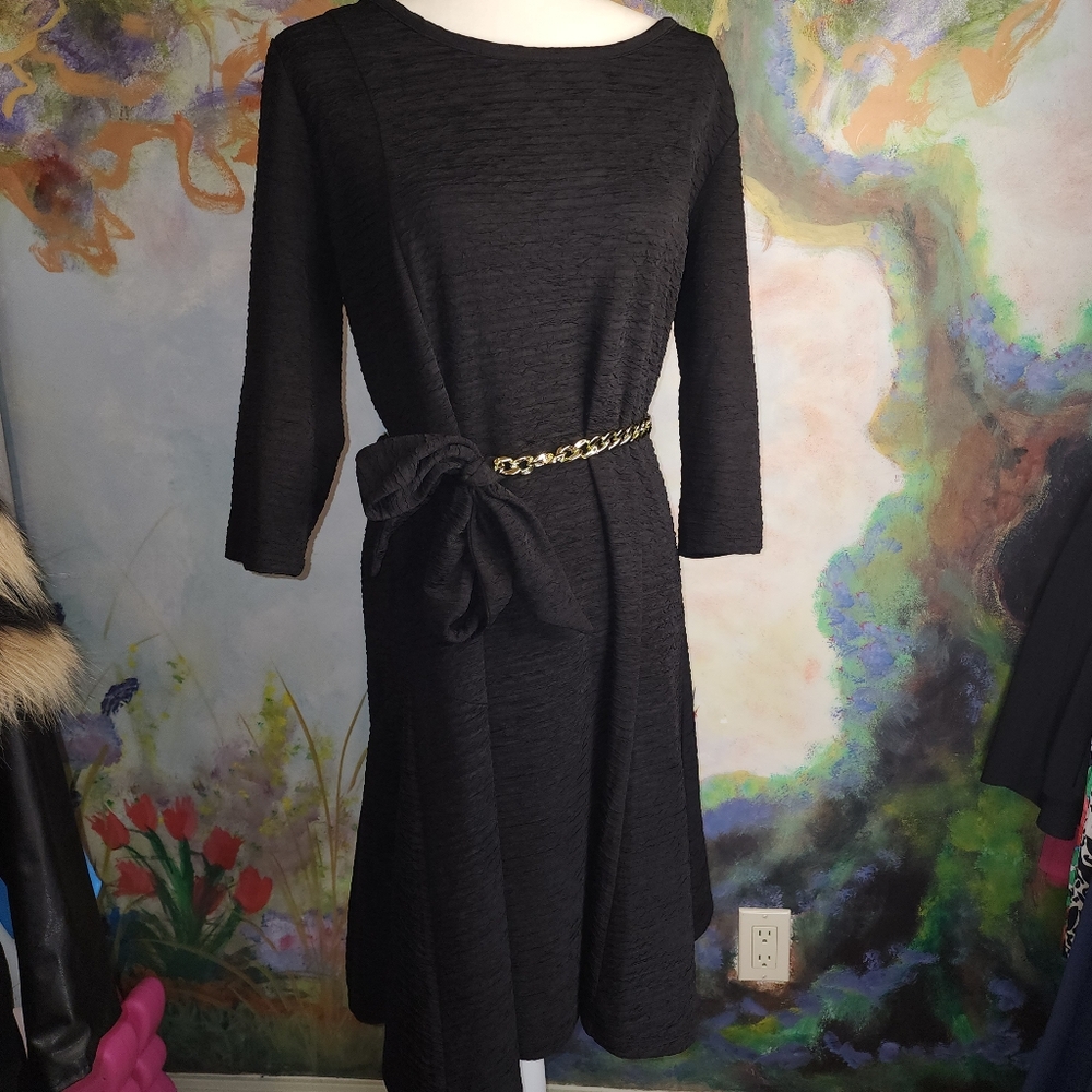 NWOT Lemme for Nina Leonard Black Midi  Flare Dress with Gold Faux Chain Belt